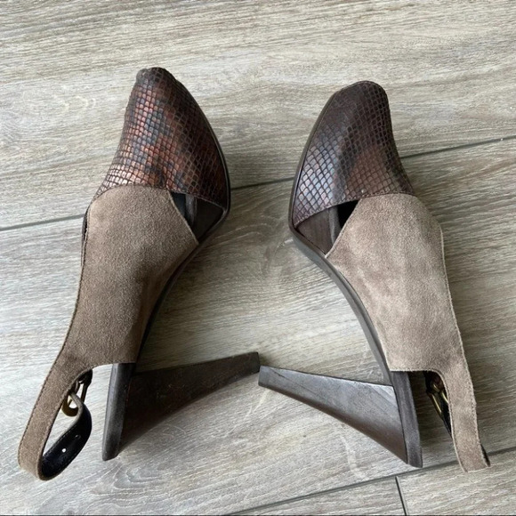 Henry Beguelin Snakeskin Embossed Leather Peep  Toe Wood Heel Platform Sandals - Picture 10 of 14